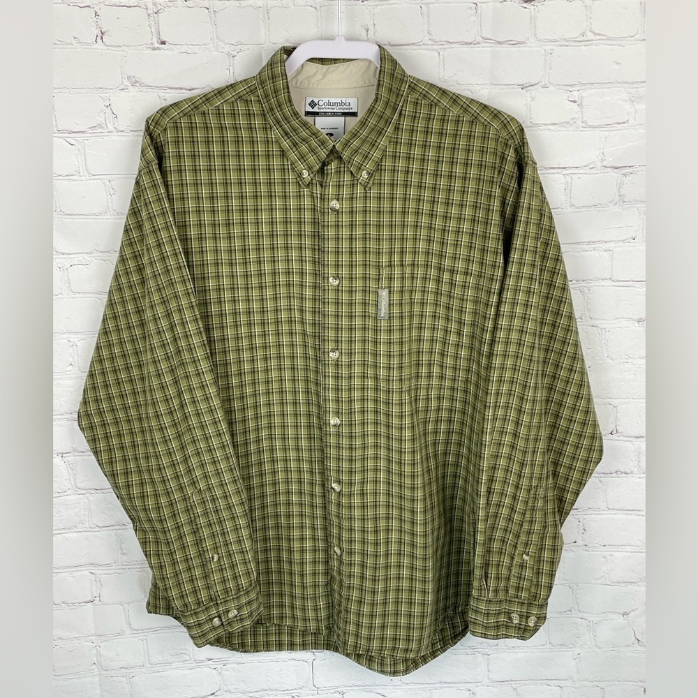 Columbia Men’s Long Sleeve Button Up Shirt LARGE Green Plaid 100% Cotton